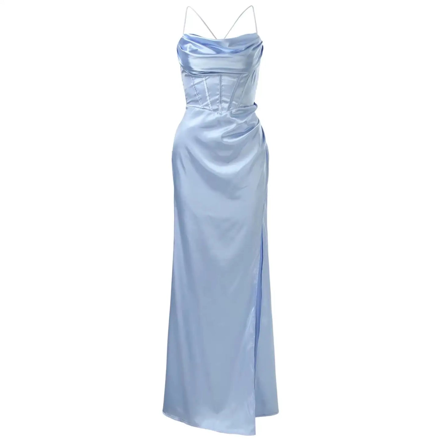 New Silky Thin Straps Satin Gown Corset Maxi Dress