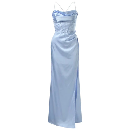 New Silky Thin Straps Satin Gown Corset Maxi Dress