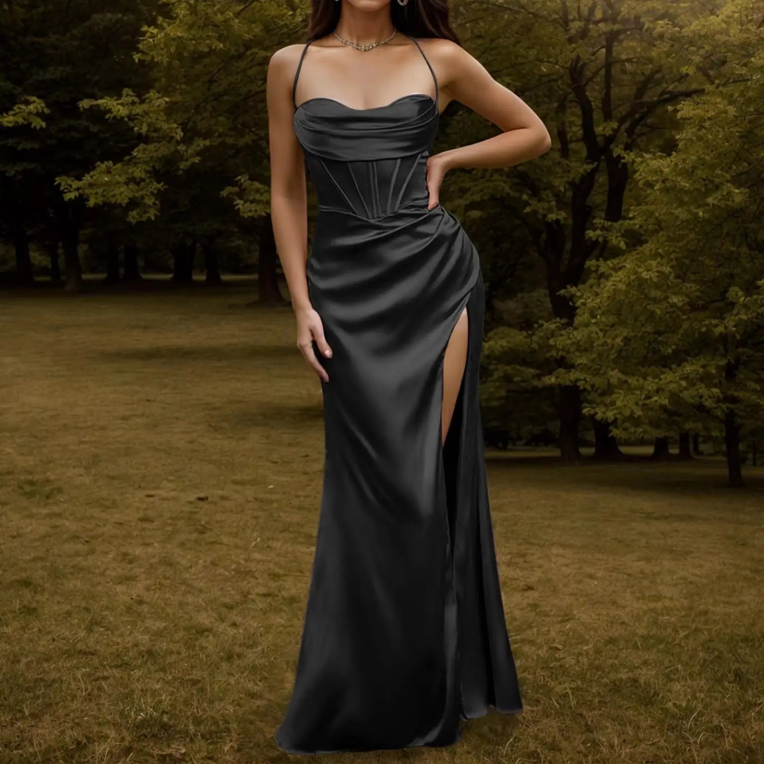 New Silky Thin Straps Satin Gown Corset Maxi Dress