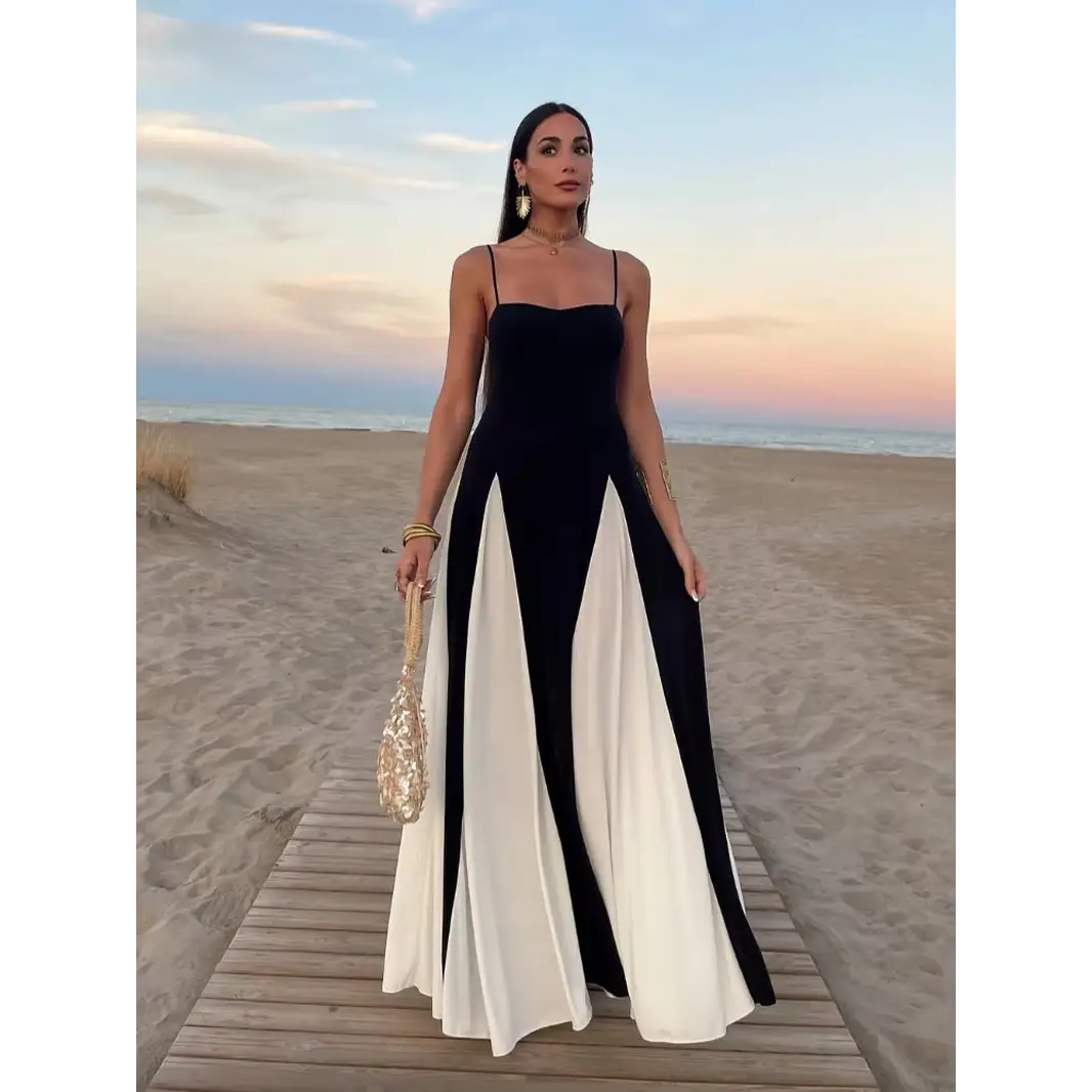 Sexy Women Contrasting Gown Patchwork Sling Dress 