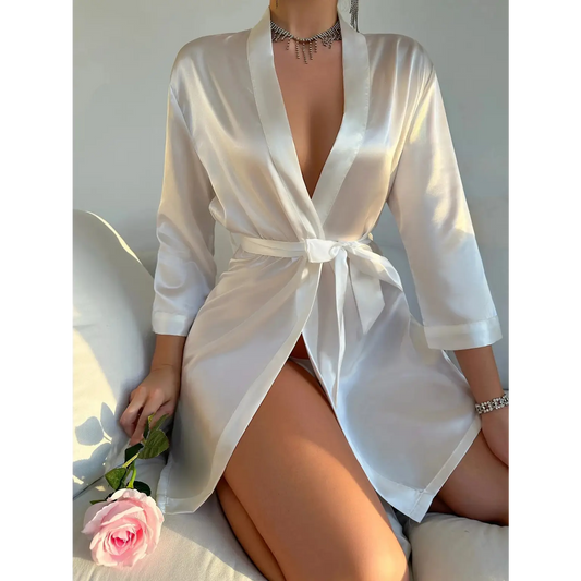 Solid Satin Long Sleeve V Neck Lingerie Robe with Belt