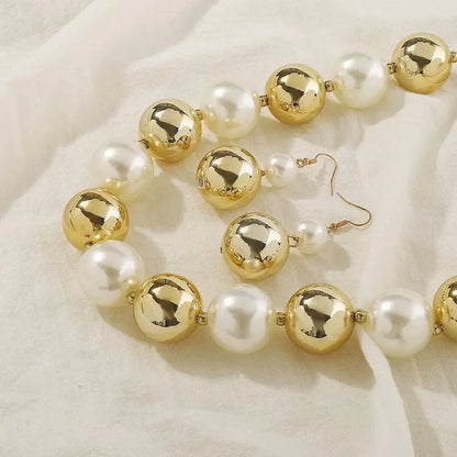 Vintage Luxury Big Metal Ball Pearl Statement Jewelry Set