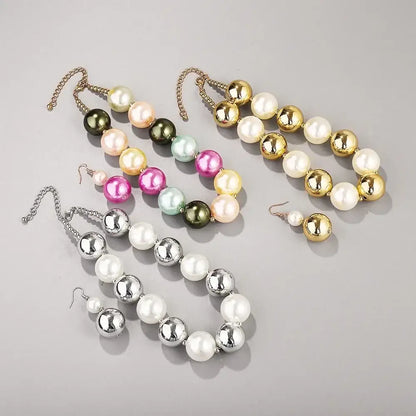 Vintage Luxury Big Metal Ball Pearl Statement Jewelry Set