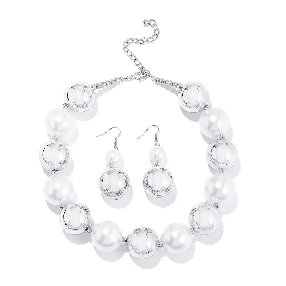 Vintage Luxury Big Metal Ball Pearl Statement Jewelry Set