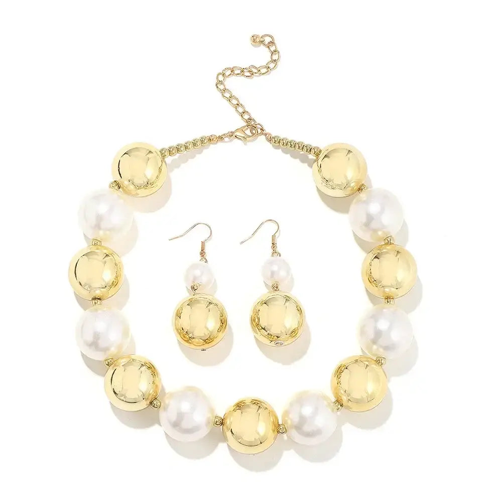 Vintage Luxury Big Metal Ball Pearl Statement Jewelry Set