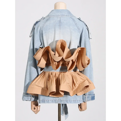 Women's Statement Ruffles Folds Lace Up Denim Jacket