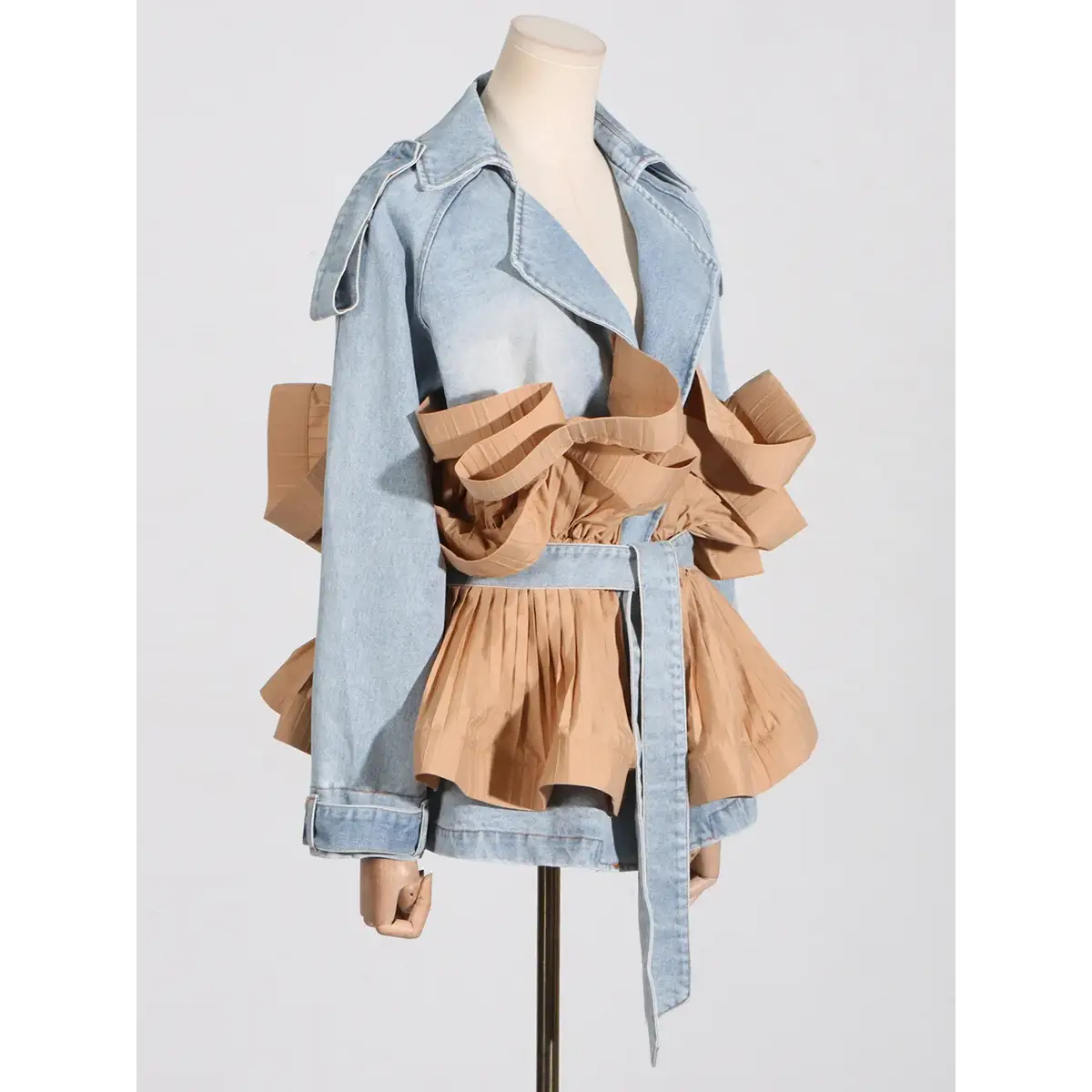 Women's Statement Ruffles Folds Lace Up Denim Jacket