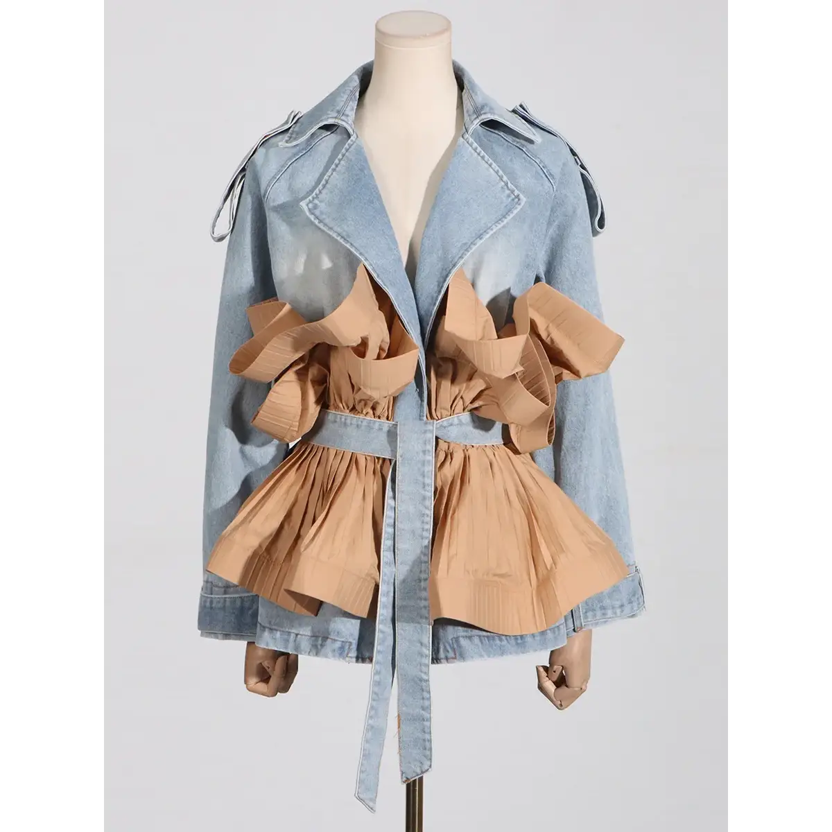 Women's Statement Ruffles Folds Lace Up Denim Jacket