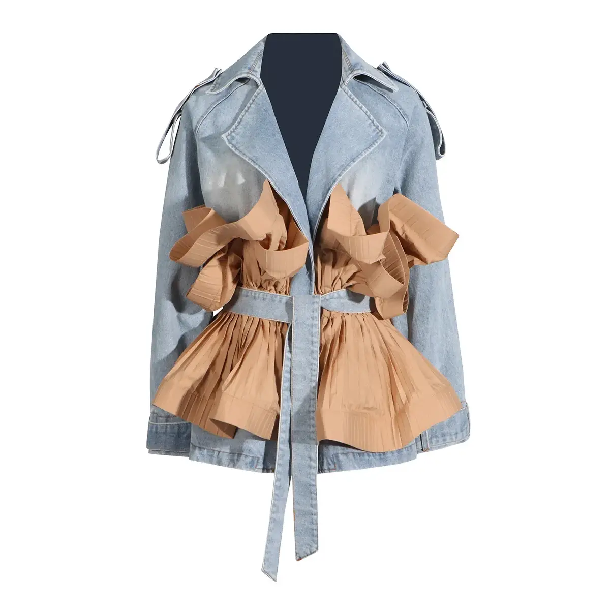 Women's Statement Ruffles Folds Lace Up Denim Jacket